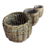 Country Kubu Grey Barrel Round Planter Baskets set of 3, lined (largest W 46 x H 35cm)