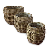 Country Kubu Grey Barrel Round Planter Baskets set of 3, lined (largest W 46 x H 35cm)