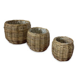 Country Kubu Grey Barrel Round Planter Baskets set of 3, lined (largest W 46 x H 35cm)