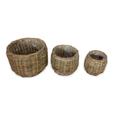 Country Kubu Grey Barrel Round Planter Baskets set of 3, lined (largest W 46 x H 35cm)