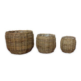 Country Kubu Grey Barrel Round Planter Baskets set of 3, lined (largest W 46 x H 35cm)
