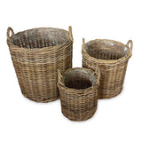 Farmhouse Kubu Grey Tall Round Planter Baskets set of 3, lined (largest W 50 x H 57cm)