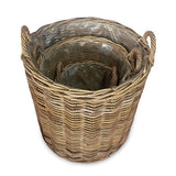 Farmhouse Kubu Grey Tall Round Planter Baskets set of 3, lined (largest W 50 x H 57cm)