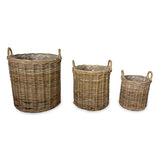 Farmhouse Kubu Grey Tall Round Planter Baskets set of 3, lined (largest W 50 x H 57cm)