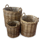Farmhouse Kubu Grey Tall Round Planter Baskets set of 3, lined (largest W 50 x H 57cm)