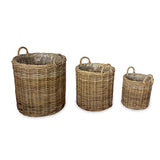 Farmhouse Kubu Grey Tall Round Planter Baskets set of 3, lined (largest W 50 x H 57cm)